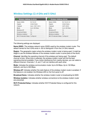 Page 88Administration 88
N600 Wireless Dual Band Gigabit ADSL2+ Modem Router DGND3700v2 
Wireless Settings (2.4 GHz and 5 GHz)
The following settings are displayed:
Name (SSID). 
 The wireless network name (SSID) used by the wireless modem router. The 
default names for the 5 GHz ends in -5G to distinguish it from the 2.4 G\
Hz network.
Region . 
The geographic region where the wireless modem router is being used. It \
might be 
illegal to use the wireless features of the wireless modem router in som\
e parts...