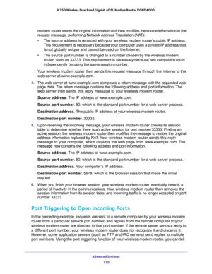 Page 110Advanced Settings 
110 N750 Wireless Dual Band Gigabit ADSL Modem Router DGND4000 
modem router stores the original information and then modifies the source information in the 
request message, performing Network Address Translation (NAT):
•The source address is replaced with your wireless modem router’s public IP address. 
This requirement is necessary because your computer uses a private IP address that 
is not globally unique and cannot be used on the Internet.
•The source port number is changed to a...