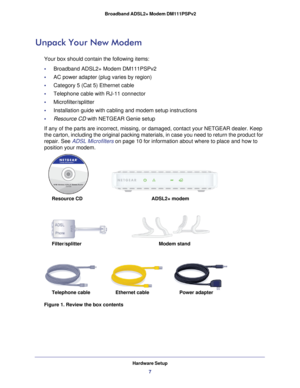 Page 7Hardware Setup7
 Broadband ADSL2+ Modem DM111PSPv2
Unpack Your New Modem
Your box should contain the following items:
•     Broadband ADSL2+ Modem DM111PSPv2
•     
AC power adapter (plug varies by region)
•     Category 5 (Cat 5) Ethernet cable
•     Telephone cable with RJ-11 connector
•     Microfilter/splitter
•     Installation guide with cabling and modem setup instructions
•     Resource CD  with NETGEAR Genie setup
If any of the parts are incorrect, missing, or damaged, contact your NET\
GEAR...