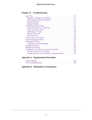 Page 66 R6200v2 Smart WiFi Router
Chapter 10 Troubleshooting
Quick Tips  . . . . . . . . . . . . . . . . . . . . . . . . . . . . . . . . . . . . . . . . . . . . . . . . 117
Sequence to Restart Your Network  . . . . . . . . . . . . . . . . . . . . . . . . . . . 117
Check Ethernet Cable Connections . . . . . . . . . . . . . . . . . . . . . . . . . . . 117
Wireless Settings  . . . . . . . . . . . . . . . . . . . . . . . . . . . . . . . . . . . . . . . . . 117
Network Settings  . . . . . . . . . . . . . . . . . ....