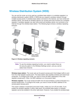 Page 97Advanced Settings97
 R6200v2 Smart WiFi Router
Wireless Distribution System (WDS)
You can set the router up to be used as a wireless base station or a wire\
less repeater in a 
wireless distribution system (WDS). A WDS lets you expand a wireless network through 
multiple access points. A wireless base station connects to the Internet, can have wired and 
wireless clients, and sends its wireless signal to an access point that \
functions as a wireless 
repeater. A wireless repeater can also have wired and...