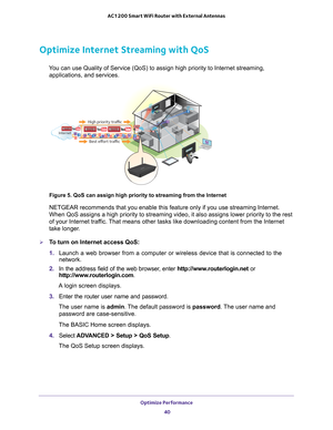 Page 40Optimize Performance 40
AC1200 Smart WiFi Router with External Antennas 
Optimize Internet Streaming with QoS
You can use Quality of Service (QoS) to assign high priority to Interne\
t streaming, 
applications, and services.
Best effort traffic
Internet
High priority traffic
Figure 5. QoS can assign high priority to streaming from the Internet
NETGEAR recommends that you enable this feature only if you use streamin\
g Internet. 
When QoS assigns a high priority to streaming video, it also assigns low\
er...