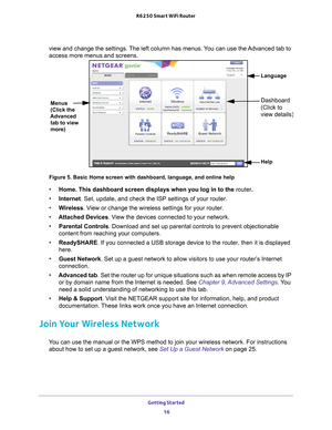 Page 16Getting Started 16
R6250 Smart WiFi Router 
view and change the settings. The left column has menus. You can use the Advanced tab to 
access more menus and screens.
Menus 
(Click the 
Advanced  tab to view 
more) Language
Help Dashboard 
(Click to 
view details
)
Figure 5. Basic Home screen with dashboard, language, and online help
•
Home. This dashboard screen displays when you log in to the router. 
• Internet. Set, update, and check the ISP settings of your router.
• W
ireless . View or change the...