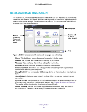 Page 16Getting Started 16
R6300v2 Smart WiFi Router 
Dashboard (BASIC Home Screen)
The router BASIC Home screen has a dashboard that lets you see the statu\
s of your Internet 
connection and network at a glance. You can click any of the six sections of the dashboard to 
view and change the settings. The left column has menus. You can use the ADVANCED tab 
to access more menus and screens.
Menus 
(Click the 
Advanced 
tab to view 
more) Language
Help Dashboard 
(Click to 
view details)
Figure 5. BASIC Home...