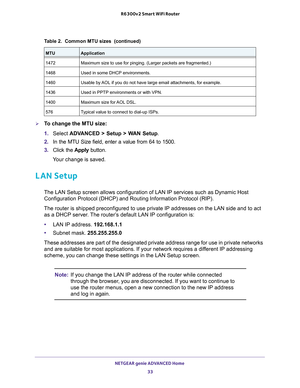 Page 33NETGEAR genie ADVANCED Home 
33  R6300v2 Smart WiFi Router
To change the MTU size:
1. Select ADVANCED > Setup > WAN Setup. 
2. In the MTU Size field, enter a value from 64 to 1500.
3. Click the Apply button.
Your change is saved.
LAN Setup
The LAN Setup screen allows configuration of LAN IP services such as Dynamic Host 
Configuration Protocol (DHCP) and Routing Information Protocol (RIP).
The router is shipped preconfigured to use private IP addresses on the LAN side and to act 
as a DHCP server. The...