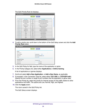 Page 39NETGEAR genie ADVANCED Home 39
 R6300v2 Smart WiFi Router
The QoS Priority Rule list displays. 
4. 
To add a priority rule, scroll down to the bottom of the QoS Setup screen\
 and click the  Add 
Priority Rule button.
5.  In the QoS Policy for field, type the name of the application or game.
6.  In the Priority Category list, select either  Applications or Online Gaming. 
A list of applications or games displays.
7.  Scroll and select  Add a New 
 Application, or Add a New Game,  as applicable. 
8.  If...