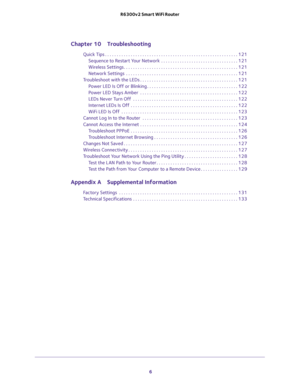 Page 6 
6 R6300v2 Smart WiFi Router 
Chapter 10 Troubleshooting
Quick Tips . . . . . . . . . . . . . . . . . . . . . . . . . . . . . . . . . . . . . . . . . . . . . . . . . . . . . . . . . 121
Sequence to Restart Your Network  . . . . . . . . . . . . . . . . . . . . . . . . . . . . . . . . . 121
Wireless Settings. . . . . . . . . . . . . . . . . . . . . . . . . . . . . . . . . . . . . . . . . . . . . . . . . 121
Network Settings  . . . . . . . . . . . . . . . . . . . . . . . . . . . . . . . . . . . . . . . . ....