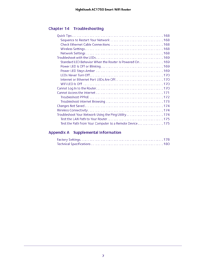 Page 7 
7  Nighthawk AC1750 Smart WiFi Router
Chapter 14 Troubleshooting
Quick Tips . . . . . . . . . . . . . . . . . . . . . . . . . . . . . . . . . . . . . . . . . . . . . . . . . . . . . . . . . 168
Sequence to Restart Your Network  . . . . . . . . . . . . . . . . . . . . . . . . . . . . . . . . . 168
Check Ethernet Cable Connections  . . . . . . . . . . . . . . . . . . . . . . . . . . . . . . . . . 168
Wireless Settings . . . . . . . . . . . . . . . . . . . . . . . . . . . . . . . . . . . . . . . . . . . ....