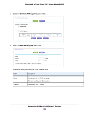 Page 1585.
Select the Enable VLAN/Bridge Group check box. 6.
Select the 
By VLAN tag group radio button. 7.
Specify the settings as described in the following table. Description
Field
Enter a name for the VLAN tag group.
The name can be up to 10 characters.
Name
Enter a value from 1 to 4094.
VLAN ID Manage the WAN and LAN Network Settings
158
Nighthawk AC1900 Smart WiFi Router Model R6900 