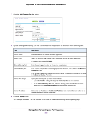 Page 2227.
Click the Add Custom Service button. 8.
Specify a new port forwarding rule with a custom service or application as described in the following table. Description
Field
Enter the name of the custom service or application.
Service Name
Select the protocol (TCP or UDP) that is associated with the service or application.
If y

ou are unsure, select TCP/UDP.
Ser

vice Type
Enter the starting port number for the service or application.
External Starting Port
If the service or application uses a single port,...