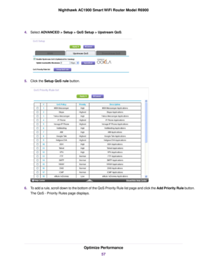 Page 574.
Select ADVANCED > Setup > QoS Setup > Upstream QoS. 5.
Click the 
Setup QoS rule button. 6.
To add a rule, scroll down to the bottom of the QoS Priority Rule list page and click the Add Priority Rule button.
The QoS - Priority Rules page displays. Optimize Performance
57
Nighthawk AC1900 Smart WiFi Router Model R6900 