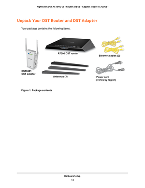 Page 11Hardware Setup 11
 Nighthawk DST AC1900 DST Router and DST Adpater Model R7300DST
Unpack Your DST Router and DST Adapter
Your package contains the following items.
DST6501 
DST adapter
R7300 DST router
Ethernet cables (2)
Antennas (3) Power cord 
(varies by region)
Figure 1. Package contents 