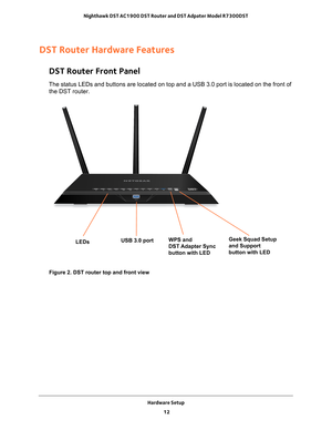 Page 12Hardware Setup 12
Nighthawk DST AC1900 DST Router and DST Adpater Model R7300DST 
DST Router Hardware Features
DST Router Front Panel
The status LEDs and buttons are located on top and a USB 3.0 port is loc\
ated on the front of 
the DST router.
USB 3.0 portLEDsWPS and  
DST Adapter Sync 
button with LED Geek Squad Setup 
and Support 
button with LED
Figure 2. DST router top and front view 