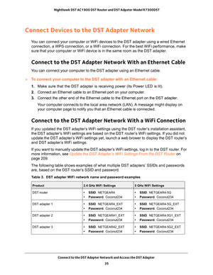 Page 35Connect to the DST Adapter Network and Access the DST Adapter 35
 Nighthawk DST AC1900 DST Router and DST Adpater Model R7300DST
Connect Devices to the DST Adapter Network
You can connect your computer or WiFi devices to the DST adapter using a \
wired Ethernet 
connection, a WPS connection, or a WiFi connection. For the best WiFi pe\
rformance, make 
sure that your computer or WiFi device is in the same room as the DST ad\
apter.
Connect to the DST Adapter Network With an Ethernet Cable
You can connect...