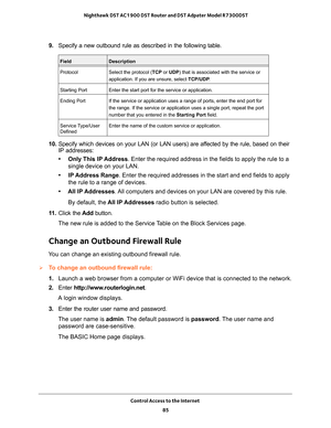 Page 85Control Access to the Internet 85
 Nighthawk DST AC1900 DST Router and DST Adpater Model R7300DST
9. 
Specify a new outbound rule as described in the following table.
FieldDescription
Protocol Select the protocol (TCP or  UDP) that is associated with the service or
application. If you are unsure, select  TCP/UDP.
Starting Port Enter the start port for the service or application.
Ending Port If the service or application uses a range of ports, enter the end port \
for
the range. If the service or...