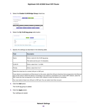 Page 855.Select the Enable VLAN/Bridge Group check box.
6.Select the By VLAN tag group radio button.
7.Specify the settings as described in the following table.
DescriptionField
Enter a name for the VLAN tag group.
The name can be up to 10 characters.
Name
Enter a value from 1 to 4094.VLAN ID
Enter a value from 0 to 7.Priority
Select the check box for a wired LAN port or WiFi port.
If your device is connected to an Ethernet port on the router, select the LAN port check box that corresponds to the Ethernet
port...