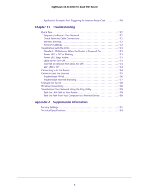 Page 7 
7  Nighthawk X6 AC3000 Tri-Band WiFi Router
Application Example: Port Triggering for Internet Relay Chat . . . . . . . . . . . 170
Chapter 15 Troubleshooting
Quick Tips . . . . . . . . . . . . . . . . . . . . . . . . . . . . . . . . . . . . . . . . . . . . . . . . . . . . . . . . . 172
Sequence to Restart Your Network  . . . . . . . . . . . . . . . . . . . . . . . . . . . . . . . . . 172
Check Ethernet Cable Connections  . . . . . . . . . . . . . . . . . . . . . . . . . . . . . . . . . 172
Wireless...