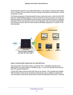 Page 72Tri-Band WiFi Connections 72
Nighthawk
 X6 AC3200
 Tri-Band WiFi  Router 
iPhone 5S with support for only single-stream 802.11n can achieve a maximum WiFi speed 
of only 150 Mbps. As more devices connect and begin downloading, the bandwidth is shared 
among them as well.
The following example of shared bandwidth shows a dual-band router in wh\
ich the GHz WiFi  band has a fast 640 Mbps capacity
 . If only one computer or device connects, the router can 
allocate a speed of up to 640 Mbps to that...