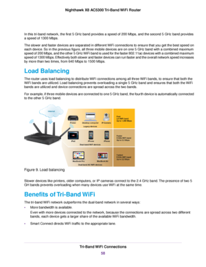 Page 58In this tri-band network, the first 5 GHz band provides a speed of 200 Mbps, and the second 5 GHz band provides
a speed of 1300 Mbps.
The slower and faster devices are separated in different WiFi connections to ensure that you get the best speed on
each device. So in the previous figure, all three mobile devices are on one 5 GHz band with a combined maximum
speed of 200 Mbps, and the other 5 GHz WiFi band is used for the faster 802.11ac devices with a combined maximum
speed of 1300 Mbps. Effectively both...