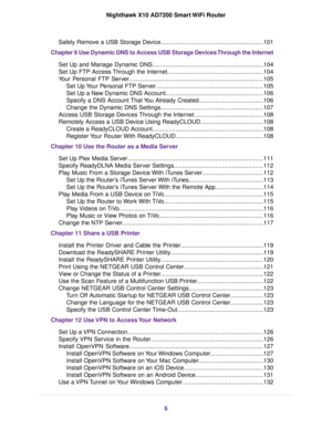 Page 6Safely Remove a USB Storage Device..............................................................101
Chapter 9 Use Dynamic DNS to Access USB Storage Devices Through the Internet
Set Up and Manage Dynamic DNS...................................................................104
Set Up FTP Access Through the Internet..........................................................104
Your Personal FTP Server.................................................................................105
Set Up Your Personal...