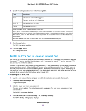 Page 668.Specify the settings as described in the following table.
DescriptionField
Enter a name for the VLAN tag group.
The name can be up to 10 characters.
Name
Enter a value from 1 to 4094.VLAN ID
Enter a value from 0 to 7.Priority
Select the check box for a wired LAN port or WiFi port.
If your device is connected to an Ethernet port on the router, select the LAN port check box that corresponds
to the Ethernet port on the router to which the device is connected. If your device is connected to your router’s...