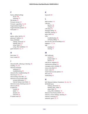 Page 110 
110 N600 Wireless Dual Band Router WNDR3400v3 
F
factory default settings
list of 106
restoring 73
file sharing 52
firmware version 67
firmware, upgrading 19, 66
fragmentation length 77
fragmented data packets 40
front panel 11
G
games, online, QoS for 46
gateway IP address 24
Genie, NETGEAR
settings, advanced 35
settings, basic 22
setup, initial 18
using, after installation 18
guest networks 32, 71
H
host name 23
host, trusted 60
I
inbound traffic, allowing or blocking 78
installing 18, 36
Internet...