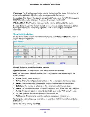 Page 68Administration 68
N600 Wireless Dual Band Router WNDR3400v3 
IP Address
. The IP address used by the Internet (WAN) port of the router. If no address is 
shown or the address is 0.0.0, the router cannot connect to the Internet\
.
Connection. This shows if the router is using a fixed IP address on the WAN. If the value is 
DHCP Client, the router obtains an IP address dynamically from the ISP
 .
IP Subnet Mask. 
 The IP subnet mask used by the Internet (WAN) port of the router. 
Domain Name Server . 
The...