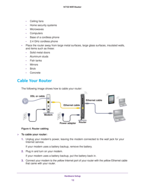 Page 12Hardware Setup 12
N750 WiFi Router 
-
Ceiling fans
- Home security systems
- Microwaves
- Computers
- Base of a cordless phone
- 2.4 GHz cordless phone
• Place the router away from large metal surfaces, large glass surfaces, i\
nsulated walls, 
and items such as these:
- Solid metal doors
- Aluminum studs
- Fish tanks
- Mirrors
- Brick
- Concrete
Cable Your Router
The following image shows how to cable your router:
Modem
Power adapterEthernet cable
Ethernet cable
DSL or cable
Router
Figure 4. Router...