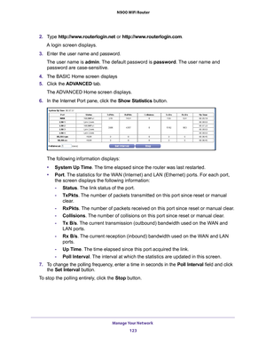 Page 123Manage Your Network 123
 N900 WiFi Router
2. 
Type  http://www.routerlogin.net  or http://www.routerlogin.com .
A login screen displays.
3.  Enter the user name and password.
The user name is  admin. 
 The default password is password. The user name and 
password are case-sensitive.
4.  The BASIC Home screen displays
5.  Click the  ADV
 ANCED tab. 
The ADVANCED Home screen displays.
6.  In the Internet Port pane, click the Show Statistics  button.
The following information displays:
• System Up T
 ime....