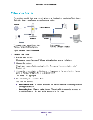 Page 9Hardware Setup 9
 N150 and N300 Wireless Routers
Cable Your Router
The installation guide that came in the box has more details about insta\
llation.The following 
illustration shows typical cable connections for a router.
Your router might look different than 
the router shown in this diagram. Modem
Router
Internet
Ethernet cable
Ethernet cable
(included with some models)
Figure 1. Router cable connections

To cable your router:
1.  Prepare your modem.
Unplug your modem’s power. If it has a battery...