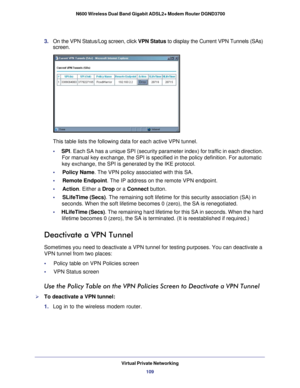 Page 109Virtual Private Networking109
 N600 Wireless Dual Band Gigabit ADSL2+ Modem Router DGND3700
3. 
On the VPN Status/Log screen, click VPN Status to display the Current VPN Tunnels (SAs) 
screen.
This table lists the following data for each active VPN tunnel. 
•     SPI. Each SA has a unique SPI (security parameter index) for traffic in e\
ach direction. 
For manual key exchange, the SPI is specified in the policy definition. \
For automatic 
key exchange, the SPI is generated by the IKE protocol. 
•...