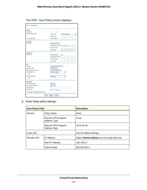 Page 117Virtual Private Networking117
 N600 Wireless Dual Band Gigabit ADSL2+ Modem Router DGND3700
The VPN - Auto Policy screen displays:
2. 
Enter these policy settings:
Auto Policy FieldDescription
General Policy Name GtoG
Remote VPN Endpoint 
Address Type Fixed
Remote VPN Endpoint 
Address Data 22.23.24.25
Local LAN Use the default settings.
Remote LAN IP Address Select Subnet address from the drop-down list.
Start IP Address 192.168.3.1
Subnet Mask 255.255.255.0 