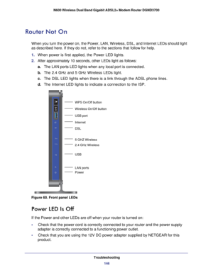 Page 146Troubleshooting146
N600 Wireless Dual Band Gigabit ADSL2+ Modem Router DGND3700 
Router Not On
When you turn the power on, the Power, LAN, Wireless, DSL, and Internet \
LEDs should light 
as described here. If they do not, refer to the sections that follow for\
 help.
1. 
When power is first applied, the Power LED lights.
2.  After approximately 10 seconds, other LEDs light as follows:
a. The LAN ports LED lights when any local port is connected.
b.  The 2.4 GHz and 5 GHz Wireless LEDs light.
c.  The DSL...