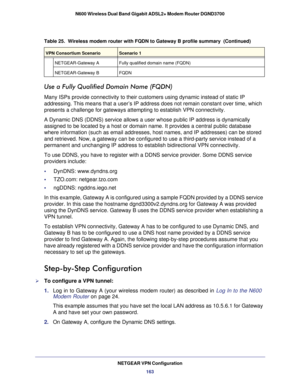 Page 163NETGEAR VPN Configuration163
N600 Wireless Dual Band Gigabit ADSL2+ Modem Router DGND3700
Use a Fully Qualified Domain Name (FQDN)
Many ISPs provide connectivity to their customers using dynamic instead \
of static IP 
addressing. This means that a user’s IP address does not remain const\
ant over time, which 
presents a challenge for gateways attempting to establish VPN connectivi\
ty.
A Dynamic DNS (DDNS) service allows a user whose public IP address is \
dynamically 
assigned to be located by a host...