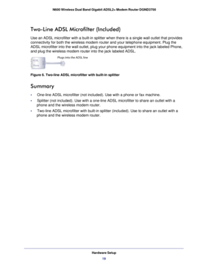 Page 19Hardware Setup19
 N600 Wireless Dual Band Gigabit ADSL2+ Modem Router DGND3700
Two-Line ADSL Microfilter (Included)
Use an ADSL microfilter with a built-in splitter when there is a single \
wall outlet that provides 
connectivity for both the wireless modem router and your telephone equip\
ment. Plug the 
ADSL microfilter into the wall outlet, plug your phone equipment into th\
e jack labeled Phone, 
and plug the wireless modem router into the jack labeled ADSL.
Plugs into the ADSL line
Figure 6....