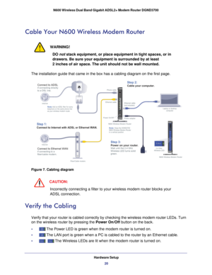 Page 20Hardware Setup20
N600 Wireless Dual Band Gigabit ADSL2+ Modem Router DGND3700 
Cable Your N600 Wireless Modem Router
WARNING!
DO 
not stack equipment, or place equipment in tight spaces, or in 
drawers. Be sure your equipment is surrounded by at least 
2   inches of air space. The unit should not be wall mounted.
The installation guide that came in the box has a cabling diagram on the\
 first page. 
ADSLPhone
Line
Laptop or desktop computer
Fiber/Cable modem
Step 1:
Connect to ADSLif connecting directly...