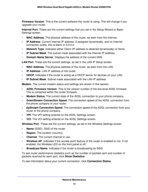 Page 70Network Maintenance70
N600 Wireless Dual Band Gigabit ADSL2+ Modem Router DGND3700 
Firmware Version. This is the current software the router is using. This will change if \
you 
upgrade your router.
Internet Port. These are the current settings that you set in the Setup Wizard or Bas\
ic 
Settings screen.
•     MAC Address. The physical address of the router, as seen from the Internet.
•     IP Address
. Current Internet IP address. If assigned dynamically, and no Internet \
connection exists, this is...