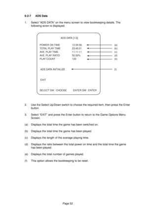 Page 52Page 52 6-2-7 ADS Data
1. Select “ADS DATA” on the menu screen to view bookkeeping details. The
following scren is displayed.
2. Use the Select Up/Down switch to choose the required item, then press the Enter
button.
3. Select “EXIT” and press the Enter button to return to the Game Options Menu
Screen.
(a) Displays the total time the game has been switched on.
(b) Displays the total time the game has been played.
(c) Displays the length of the average playing time.
(d) Displays the ratio between the...