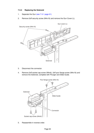 Page 63Page 63
7-3-4 Replacing the Solenoid
1. 
Separate the Gun (see 7-3-1 page 61)
2. Remove 2off security screw (M4x16) and remove the Gun Cover (L).
3. Disconnect the connector.
4. Remove 2off socket cap screw (M4x6), 2off pozi flange screw (M4x16) and remove the Solenoid, complete with Plunger and Slide Guide.
5. Reassemble in reverse order.
Security screw (M4x16) Gun cover (L)
Solenoid
Pozi flange screw (M4x16) Slide Guide
Connector
Socket cap screw (M4x6)
Solenoid 