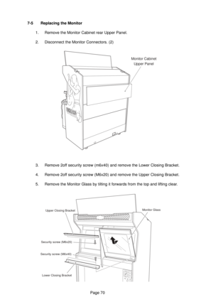 Page 70Page 70 7-5 Replacing the Monitor
1. Remove the Monitor Cabinet rear Upper Panel.
2. Disconnect the Monitor Connectors. (2)
3. Remove 2off security screw (m6x40) and remove the Lower Closing Bracket.
4. Remove 2off security screw (M6x20) and remove the Upper Closing Bracket.
5. Remove the Monitor Glass by tilting it forwards from the top and lifting clear.
Monitor Cabinet
Upper Panel
Security screw (M6x40)
Lower Closing BracketMonitor Glass
Upper Closing Bracket
Security screw (M6x20) 