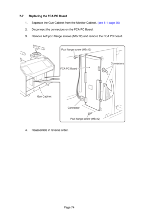 Page 74Page 74
7-7 Replacing the FCA PC Board
1.  Separate the Gun Cabinet from the Monitor Cabinet. (see 5-1 page 35)
2. Disconnect the connectors on the FCA PC Board.
3. Remove 4off pozi flange screws (M5x12) and remove the FCA PC Board.
4. Reassemble in reverse order.
Gun Cabinet Pozi flange screw (M5x12)
FCA PC Board Connectors
Connector Pozi flange screw (M5x12) 