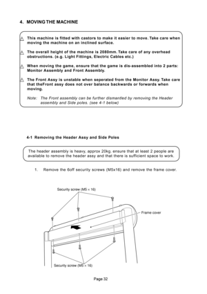 Page 32
4. MOVING THE MACHINE
Security screw (M5 × 16)
Security screw (M5 × 16)Frame cover
4-1 Removing the Header Assy and Side Poles
The header assembly is heavy, approx 20kg. ensure that at least 2 people are
available to remove the header assy and that there is sufficient space to work.
1. Remove the 6off security screws (M5x16) and remove the frame cover.
This machine is fitted with castors to make it easier to move. Take care when
moving the machine on an inclined surface.
The overall height of the...