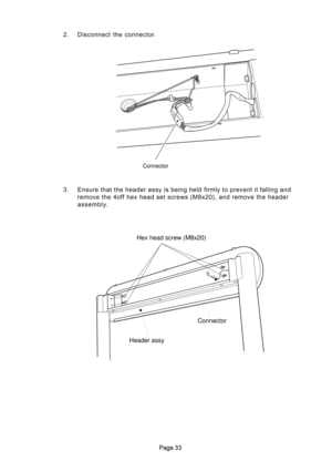 Page 33
Connector
Hex head screw (M8x20)
Header assy
Connector
2. Disconnect  the  connector.
3. Ensure that the header assy is being held firmly to prevent it falling and
remove the 4off hex head set screws (M8x20), and remove the header
assembly. 