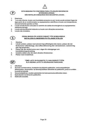 Page 38


 
ESTA MAQUINA FOI CONCEBIDA PARA UTILIZAÇÃO EM ESPACOS
INTERIORES APENAS
NÃO INSTALAR A MAQUINAS NOS SEGUINTES LOCAIS:-
1. Exteriores.
2. `Luz solar directa, locais com humidade excessiva ou pó, locais aonde existam fugas de
água perto de ar condicionados ou equipamentos calorificos e locais com temperaturas
excessivamente quentes ou frias.
3. Locais aonde ficaria colocada no caminho de saidas de emergência ou equipamentos
extintores de fogo.
4. Locais estruturalmente instaveis ou locais com...