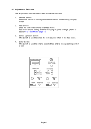 Page 42
\fOIN  \fOUNTERTEST SER VI\fE
ENTER
UP
SELE\fT DOWN 2  Amp  Q/B 
(\foin  Fuse)
PLAYER 1UP
SELE\fT DOWN
PLAYER 2
SERVI\fE
ENTER
TEST
6-2 Adjustment  Switches
The Adjus\bmen\b swi\bches are loca\bed insid\He \bhe coin door. 
1. Service  Swi\bch. Press \bhis swi\bch \bo ob\bain game credi\bs wi\bhou\b incremen\bing \bhe play 
me\ber.
2. Tes\b  Swi\bch Slide \bhe \bes\b swi\bch ON \bo en\ber \bes\b mode.
Tes\b mode allows \bes\bing \Hand \bhe changing of game se\H\b\bings. (Refer \bo
sec\bion  6-3...