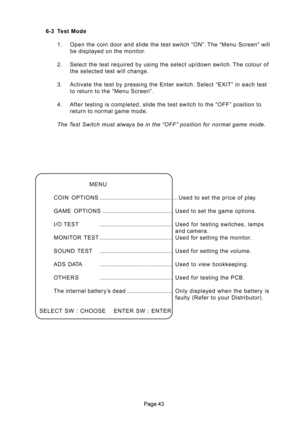 Page 43 6-3 Test Mode
1. Open the coin door and slide the test switch “ON”. The “Menu Screen” will
be displayed on the monitor.
2. Select the test required by using the select up/down switch. The colour of
the selected test will change.
3. Activate the test by pressing the Enter switch. Select “EXIT” in each test
to return to the “Menu Screen”.
4. After testing is completed, slide the test switch to the “OFF” position to
return to normal game mode.
The Test Switch must always be in the “OFF” position for...