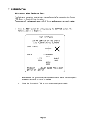 Page 56
7. INITIALIZATION
Adjustments when Replacing Parts
The following operation 
must always be performed after replacing the Game
PCB, Rom, or Control Potentiometers.
The game will not operate correctly if these adjustments are not made.
1. Slide the TEST switch ON while pressing the SERVICE switch . The
following screen is displayed.
GUN  INITIALIZE
AIM  AT  CENTER  OF THE  CROSS
AND  PUSH  SERVICE  BUTTON
GUN YAWING
SLIDE FORWARD
0000
LEFTRIGHT
0000 0000
BACK
0000
TRIGGER :  ADJUST  SLIDE  AND...