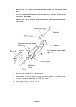 Page 64
 5. Remove the 3off flange socket head screws (M4x8) and remove the earth
wire.
6. Pull out the solenoid and spring, taking care not to lose the spring as the
solenoid is withdrawn.
7. Remove the 2off retaining ‘E’-rings and remove the rubber washers from
the plunger.
8. Remove the plunger from the gun frame.
9. Reassemble in reverse order, paying particular attention to the order of
refitting the rubber washers, ‘E’-rings and spring.
10. Refit 
new Gun Grip Decals L & R.
Retaining E-ring
Rubber...