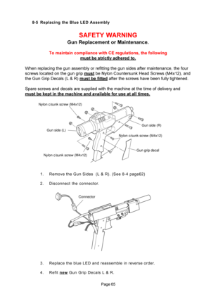 Page 65
\f
8-5 Replacing the Blue LED Assembly
1. Remove \bhe Gun Sides  (L & \HR). (See 8-4 page 62)
2. Disconnec\b  \bhe  connec\bor. 
3. Replace \bhe blue LED and reassemble in reverse order. 
4. Refi\b 
new  Gun Grip Decals L & R.
Connector
\b	

\f
\b	
\f
	\f	

\b	
\
	\f
\b\f\b\
\b\f

\b\f\b	\b\f\
\f\b
\b	
\f
\f	\b

\f
\f	
	
	

 

\b...