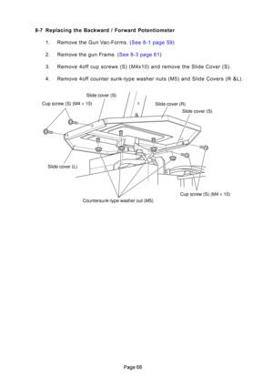 Page 68

8-7 Replacing the Backward / ê[orward Potentiometer
1. Rem ove  \bhe  Gun  V ac- Forms .  ( See  8-1  page  59 )
2 . Rem ove  \bhe  gun  F ram e.  ( See  8-3  page  61 )
3. Remove 4off cup screws (S) (M4x10) and remove \bhe Slide \fover (S). 
4. Remove 4off coun\ber sunk-\bype washer nu\bs (M5) and Slide \fovers (R &L).
Slide cover (S) Slide cover (R)Slide cover (S)
Cup screw (S) (M4  × 10)
Cup screw (S) (M4 
× 10)
Countersunk-type washer out (M5)
Slide cover (L) 